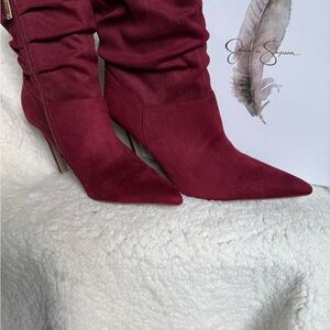 7.5 Jessica Simpson, Slouch Suede Burgundy Boots, Pointed Stiletto, Worn Once